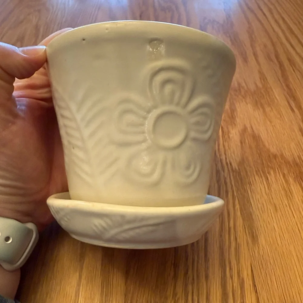 Vintage Off-White Ceramic Planter with Saucer Bottom
